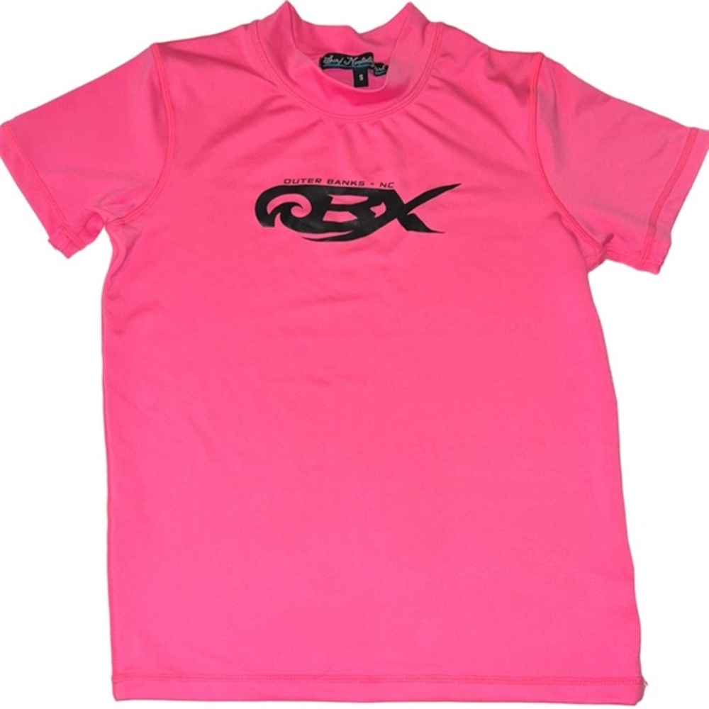 Surf Mentality Girl sz S neon pink Outer Banks, NC stretch rash guard surf shirt